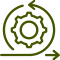 Ícone verde com engrenagem e setas circulares, simbolizando inovação contínua e sem burocracia.