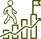 Ícone verde com figura humana subindo uma escada em forma de gráfico de barras ascendente, simbolizando o crescimento do negócio no mercado.